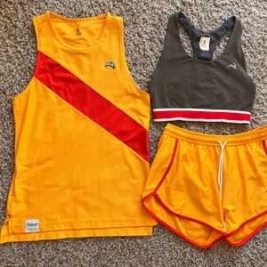 Tracksmith set, van cortland shorts and top, and run bra